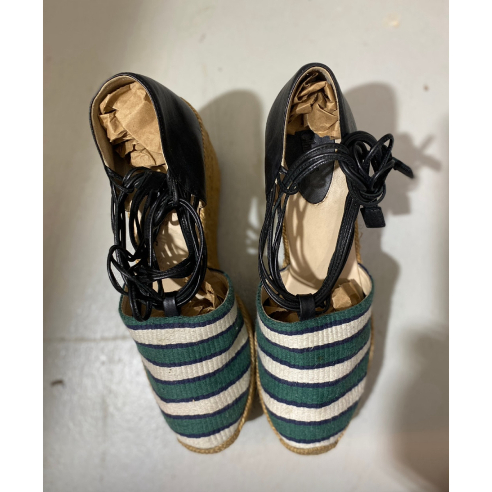 Chloe Green and White Striped Canvas and Leather Tie-Up Espadrille Wedges W 8.5